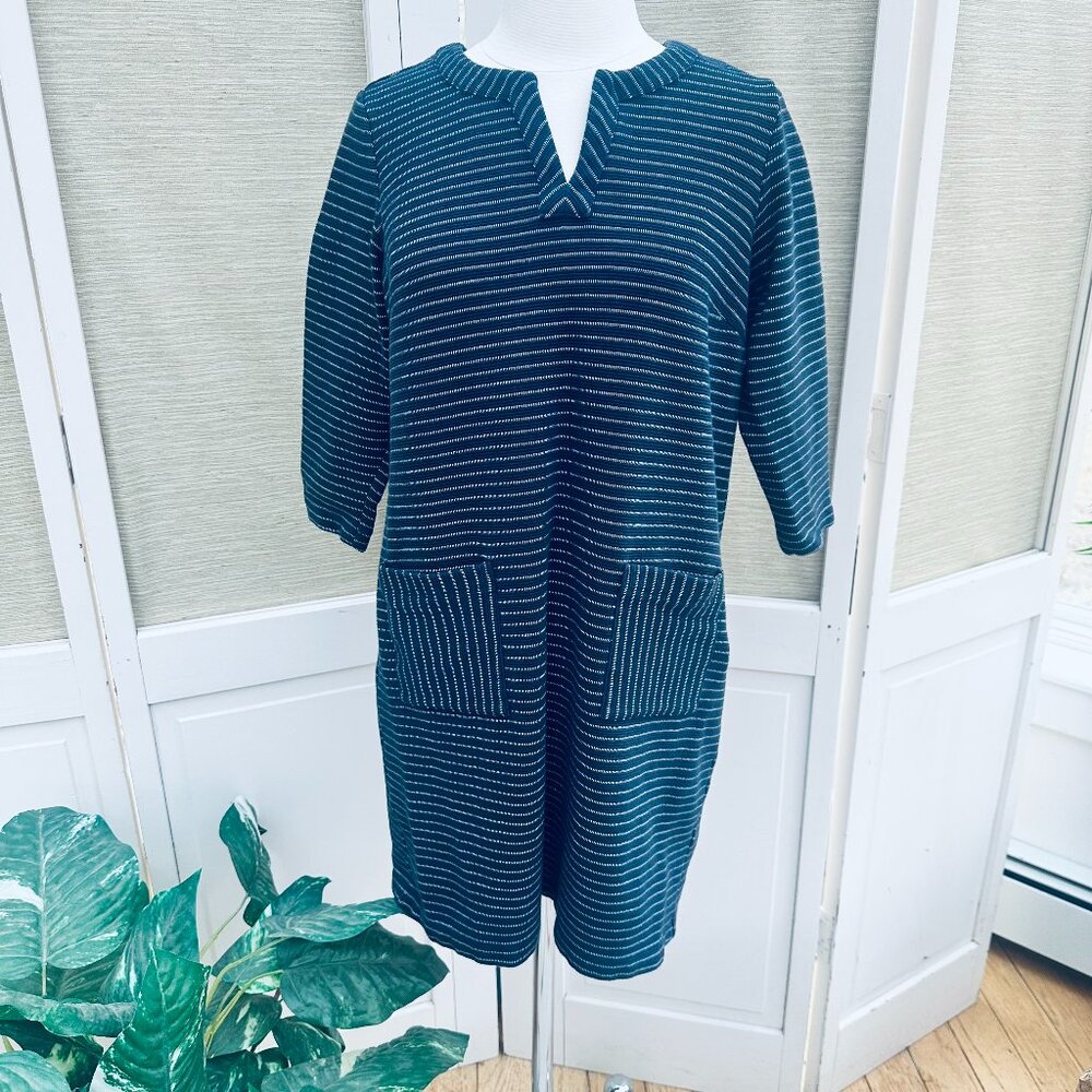 J. Jill Black Pinstripe Shift Dress MP Cotton Tunic Pockets Petite Medium
